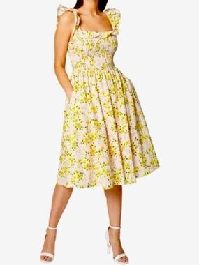 BCBGeneration Yellow Floral Smocked Floral Midi Dress Size 4
